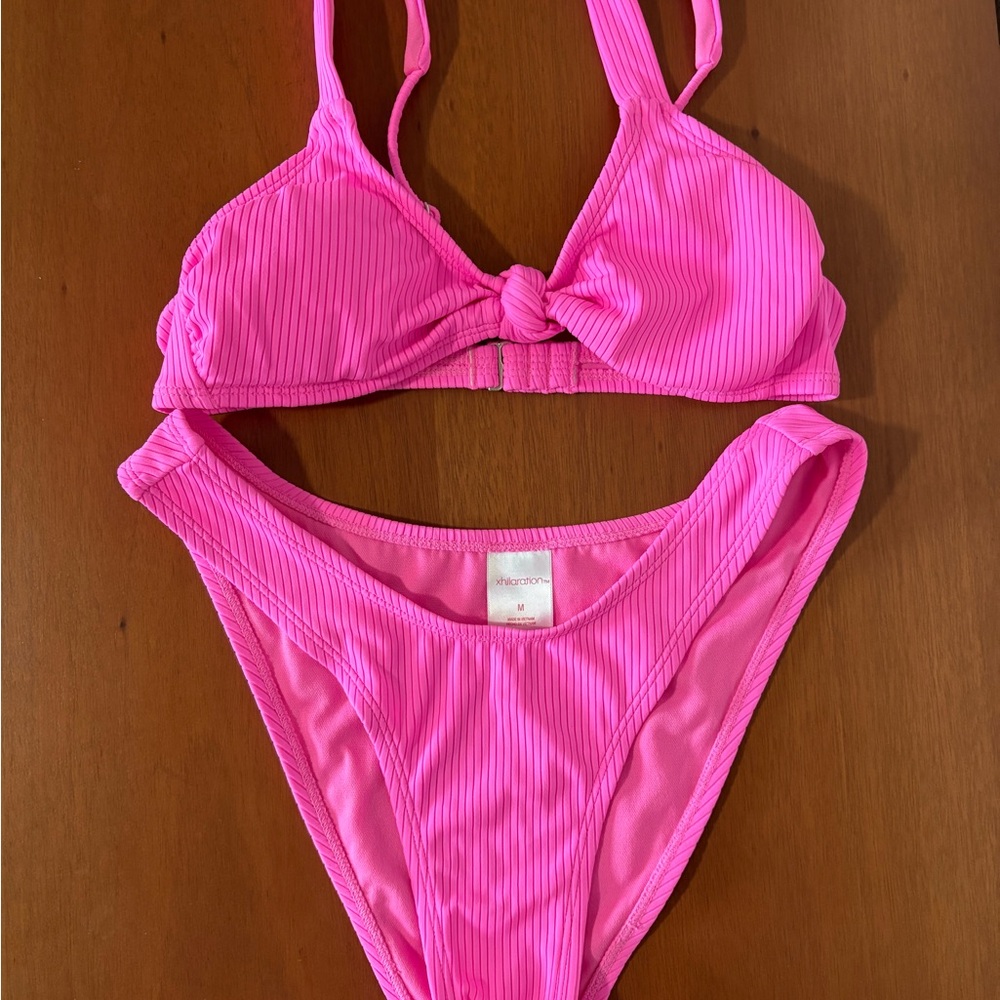 Xhilaration Hot Pink Ribbed Bikini Set with Knot Detail